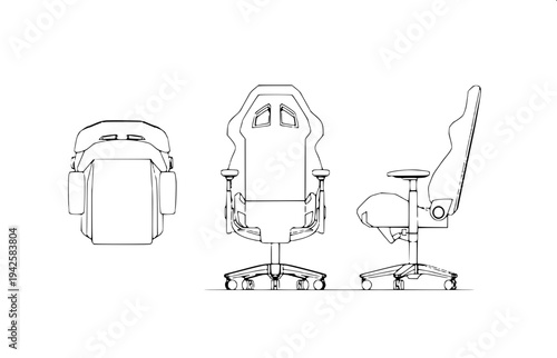 “Minimal monochrome outline drawing of an ergonomic gaming chair with padded backrest, side wings, armrests and swivel wheel base, simple clean line art, coloring page style.”