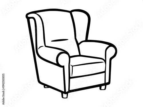“Minimal monochrome outline drawing of an ergonomic gaming chair with padded backrest, side wings, armrests and swivel wheel base, simple clean line art, coloring page style.”