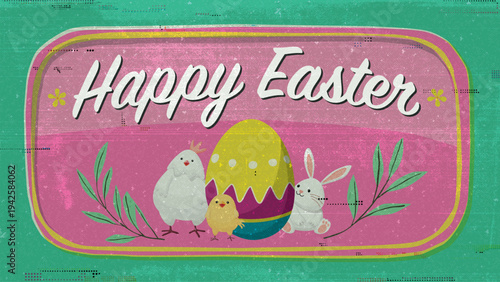 Happy Easter greeting card, poster, label or banner hand drawn retro style transparency and overlap with ink stains from risograph defect printing.