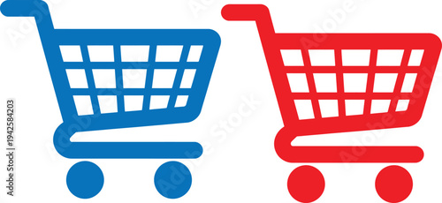 Two shopping carts in blue and red side by side on a white background.