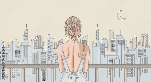 Ethereal vector illustration of a woman in a white dress looking out at a pastel cityscape under a crescent moon