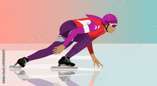 Illustration of a speed skater in action, capturing the dynamic movement and intensity of the sport in a clean vector graphic style