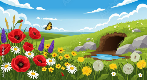 Vibrant Summer Meadow With Red Poppies And Butterflies, A Digital Vector Illustration