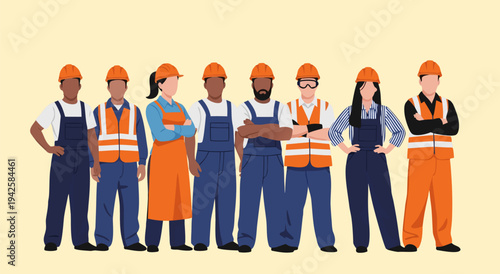 Diverse Group of Construction Workers Standing Together A Vector Illustration of a Skilled Team