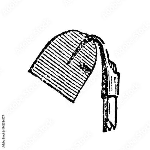 Hoe, agricultural hand tool with wooden handle and metal blade, old vintage illustration, 1897.