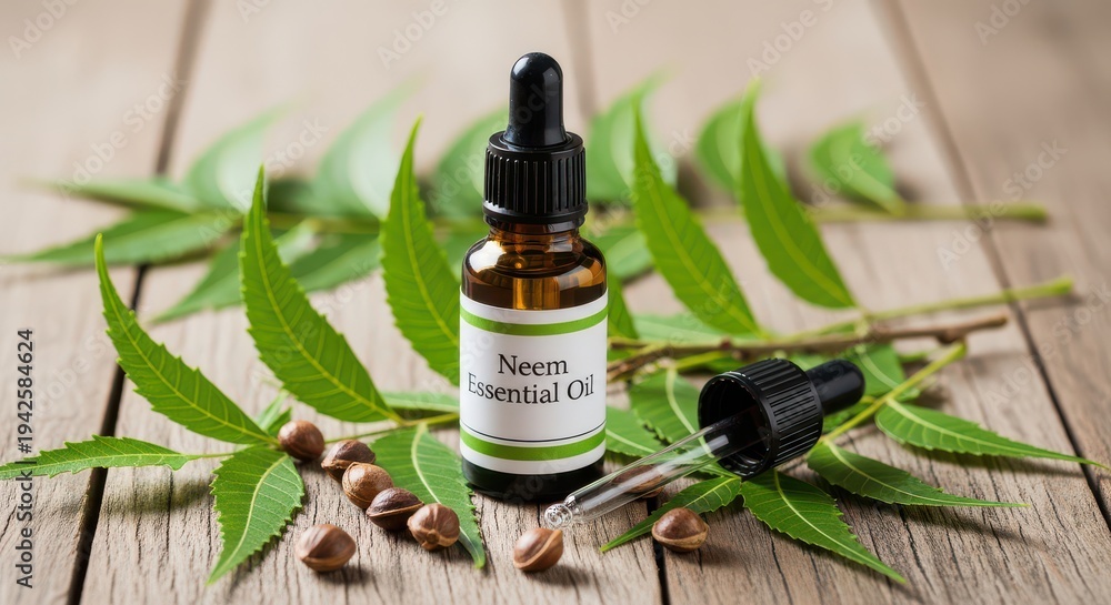 Fototapeta premium A bottle of neem essential oil rests on a rustic wooden surface amidst fresh green neem leaves and small seeds.