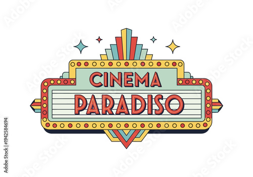 Retro Cinema Paradiso Marquee Sign, Vintage Movie Theater Neon Signage Illustration