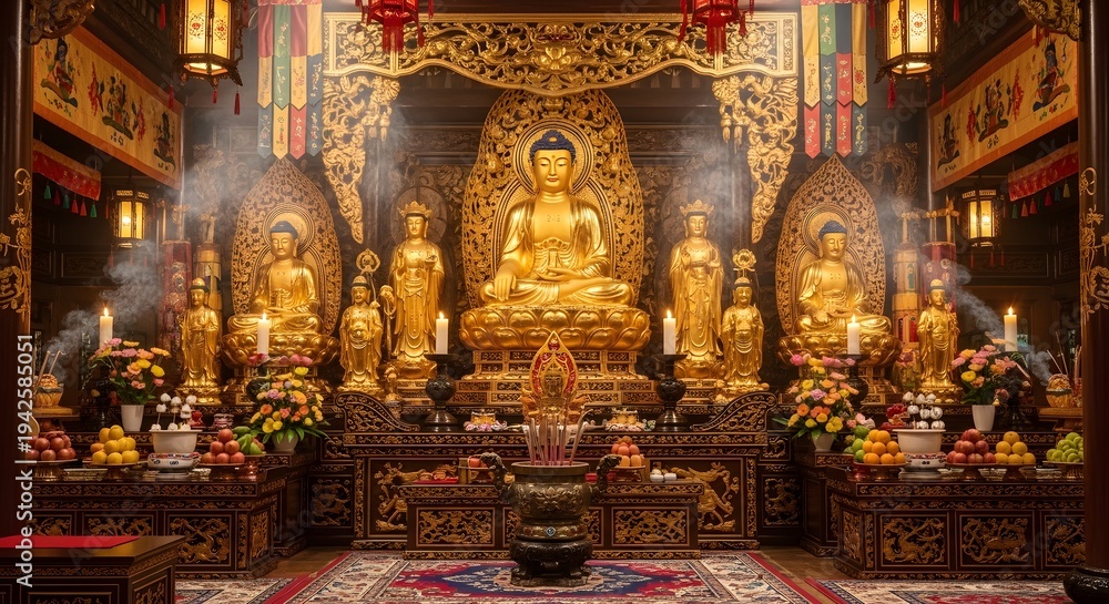 Fototapeta premium Golden buddha statue surrounded by ornate decor in traditional setting