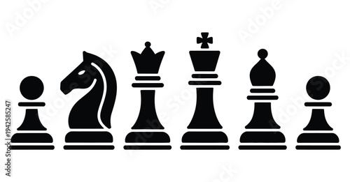 Six black chess pieces arranged in a row.