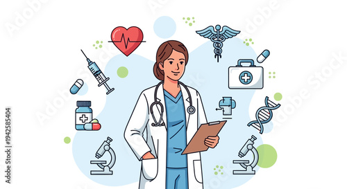 Professional female doctor holding clipboard surrounded by medical icons in bright studio, knowledgeable healthcare specialist with medical tools.