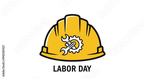 Yellow Hard Hat with Wrench and Gear Symbol for Labor Day Celebration, Isolated White Background