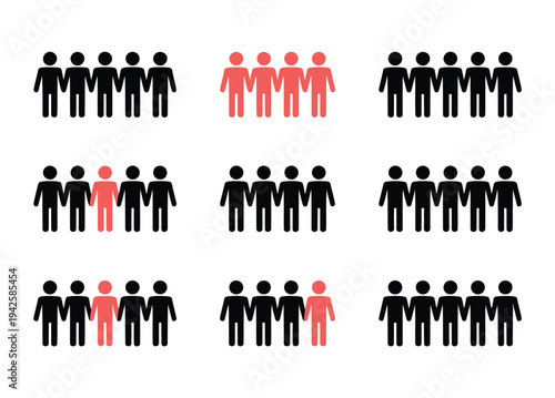 Groups of five people figures highlight.