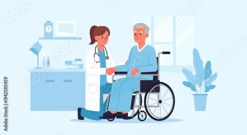 Caring female doctor consulting an elderly man in a wheelchair in a doctor's office, professional medical care and support.