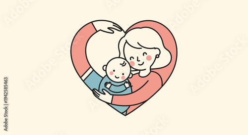 Loving mother tenderly embracing her baby within a heart shape in a bright studio, depicting maternal love and family bonding.
