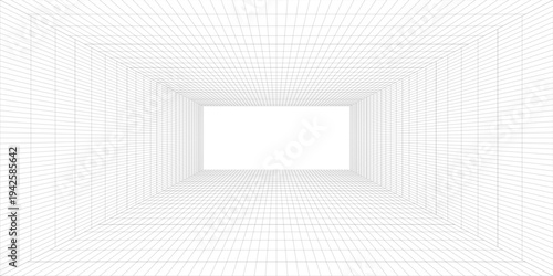 Empty futuristic digital box room white background with black grid space line color surface. Network cyber technology. banner, cover, terrain, sci-fi, wireframe, and related to background.