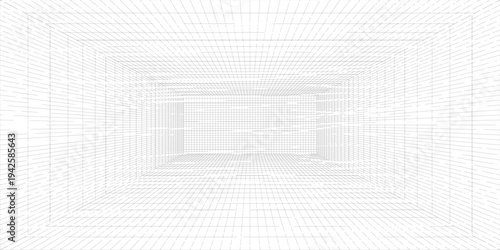 Empty futuristic digital box room white background with black grid space line color surface. Network cyber technology. banner, cover, terrain, sci-fi, wireframe, and related to background.