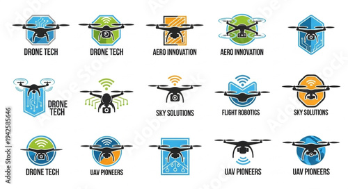 Collection of drone logos featuring various designs and color schemes.