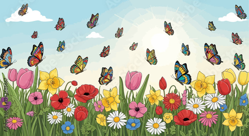 Vibrant Butterflies Flying Over a Colorful Flower Meadow with Bright Sunshine in an Outdoor Nature Setting