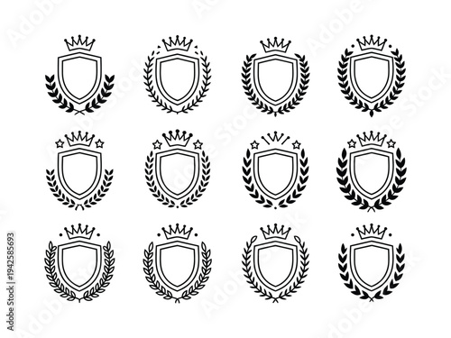Twelve blank heraldic shields with crowns.