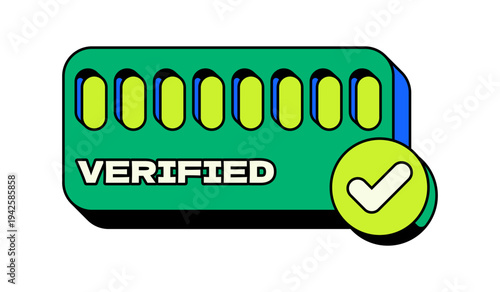 Account verified confirmation UI overlay alert illustration. Completed security validation. Banking approval. Y2K neubrutalism popup notification element. Status message in funky retro design