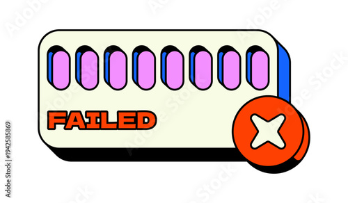 Verification failed error UI overlay alert illustration. Rejected authentication. Account denied. Security issue. Y2K neubrutalism popup notification element. Status message in funky retro design