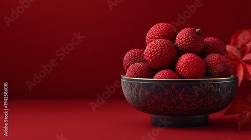 Red lychees gleam in an ornate bowl