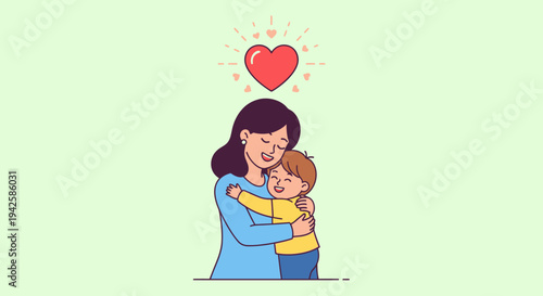 Loving mother hugging her happy young child with a heart symbol, on a light green background.