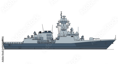 Modern Naval Warship Silhouette - Powerful Military Vessel at Sea
