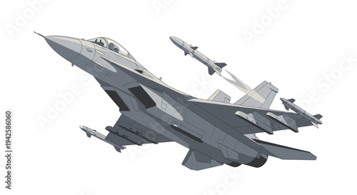 Modern Military Jet Fighter Aircraft Ascending Into Blue Sky