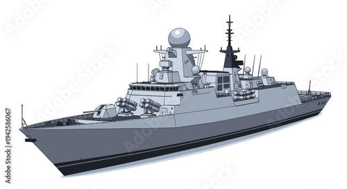Modern Military Frigate Ship at Sea, Naval Vessel Illustration