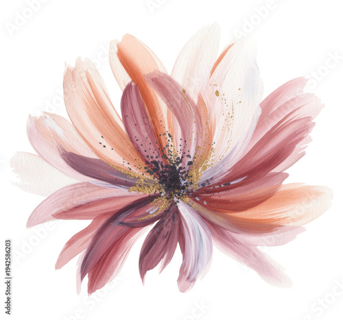Abstract flower Watercolor art with Pink floral, Gold glitter, and Delicate petals