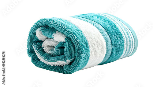 Rolled, striped towel in shades of teal and white, with visible textured loops