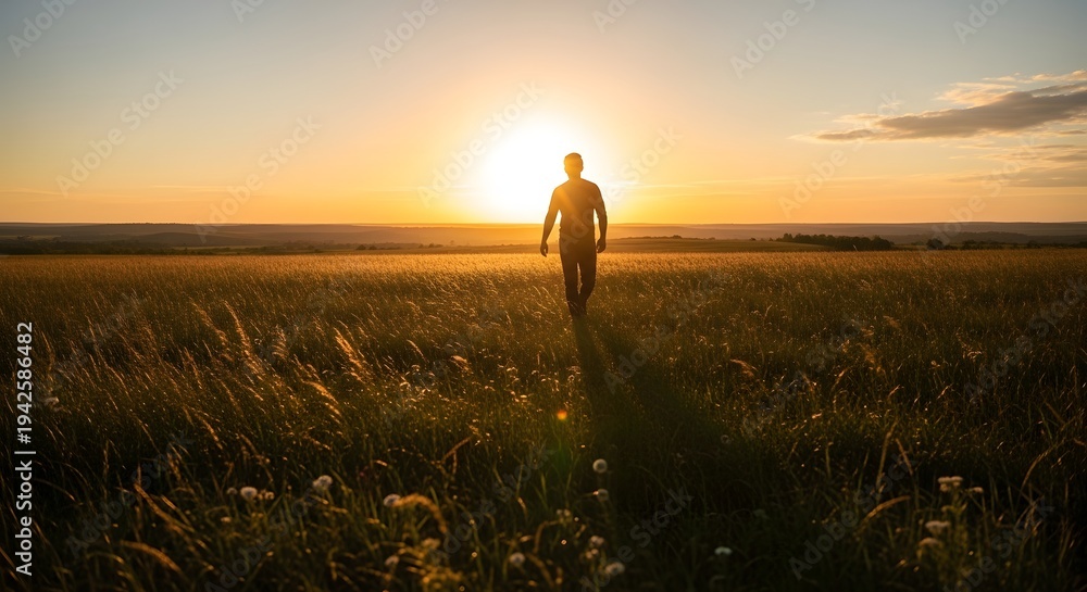 Fototapeta premium Silhouette of a person standing in a vast field at sunset