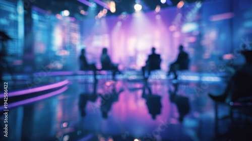 Blurred stage with silhouetted figures and ambient lighting for visuals