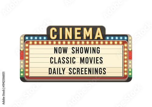 Retro Cinema Marquee Sign with Classic Movies Now Showing and Daily Screenings