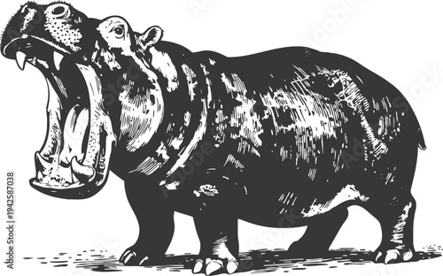 Yawning hippopotamus standing on ground with open mouth showing teeth and tongue detailed black and white sketch