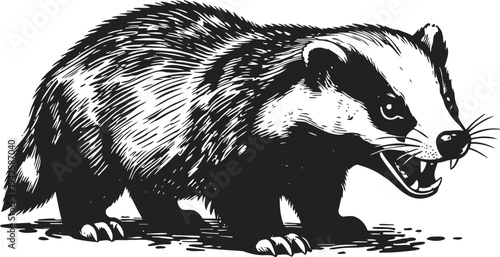 Angry badger snarling with sharp teeth, aggressive wild animal side view illustration