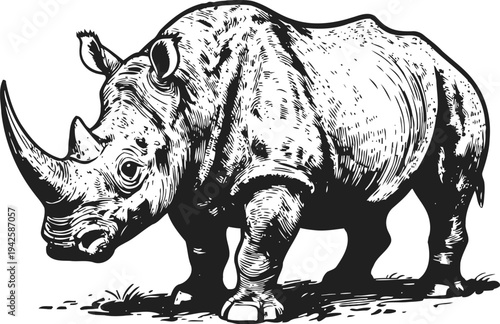 Detailed black and white illustration of a standing rhinoceros facing forward with textured skin and horns