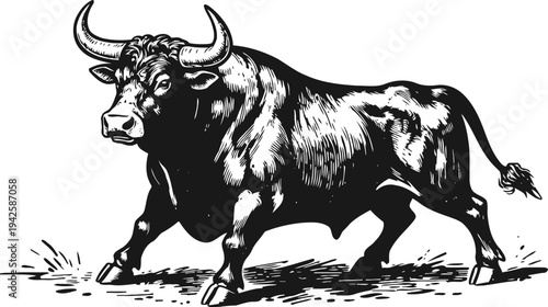 Powerful bull illustration aggressive strong animal with large horns vintage black and white engraving