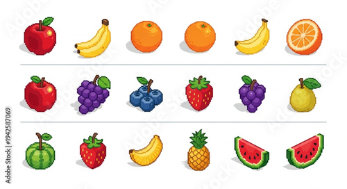 Assorted Fruits in Cartoon Style.