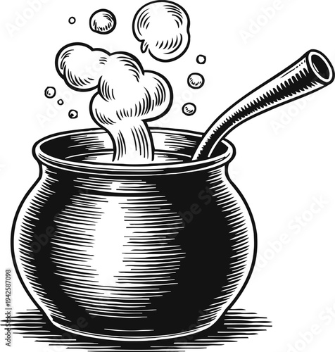 Steaming metal mate cup with straw, traditional south american yerba mate drink illustration