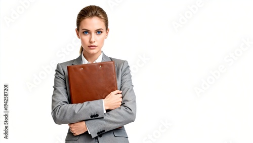 Professional businesswoman holding clipboard on white background.