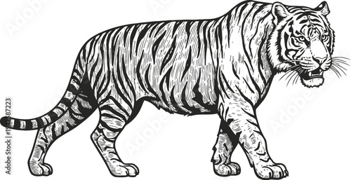 black and white tiger illustration walking side view detailed majestic wild animal