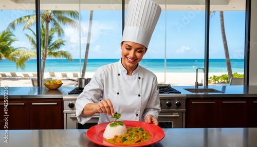 Smiling female chef garnishing a gourmet dish in a tropical beachfront kitchen.