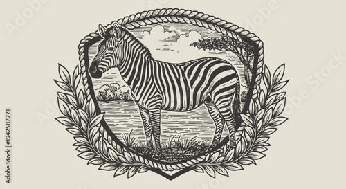 Detailed vintage zebra illustration framed with rope and leaves, wildlife engraving with natural background