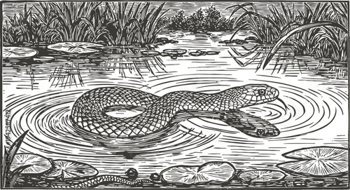 Snake swimming in pond with water lilies and reeds nature wildlife reptile in aquatic habitat