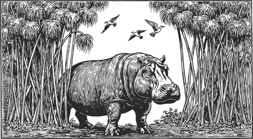 Hippo standing in jungle clearing with flying birds and dense tropical vegetation detailed black and white sketch