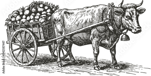 Ox pulling wooden cart filled with harvested potatoes, vintage black and white illustration