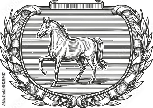 Vintage horse emblem with laurel wreath and decorative frame, engraving illustration