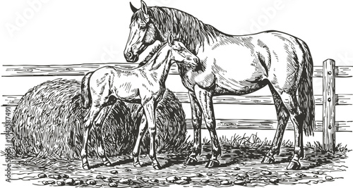 Mother horse with foal standing near hay bale and wooden fence in countryside farm scene